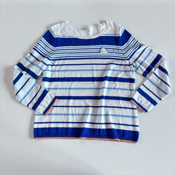 Talbots Women's XL Crewneck Sweater Blue White Striped Whale - Picture 1 of 9